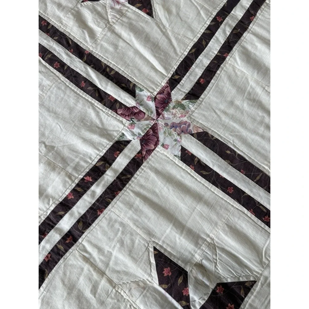 Handmade Patchwork Quilt 100x88 Burgundy Cream Floral Pinwheel Cottage Queen